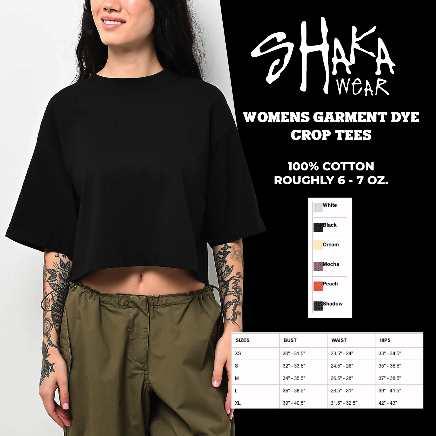 46 SHAKAWEAR WOMENS GARMENT DYE CROP TEES